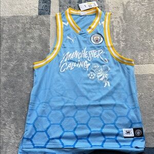 Puma Light Blue and Yellow Manchester City Mesh Basketball Jersey